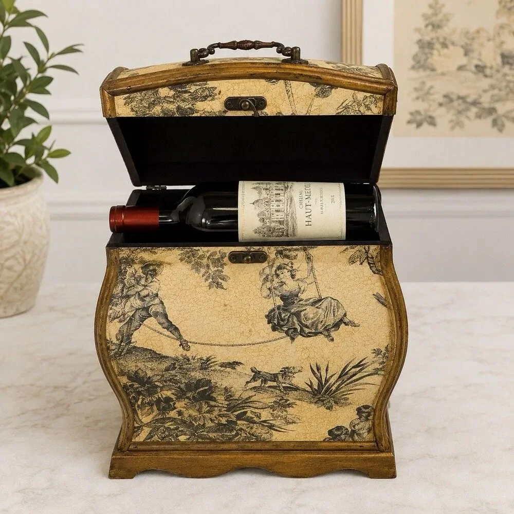 Vintage Style Wooden Wine Bottle Storage Box French Toile Decoupage Rustic Decor